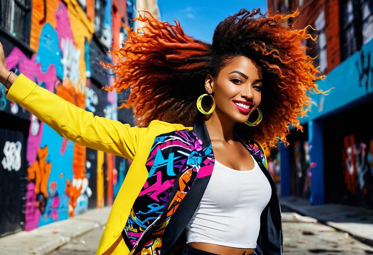 A confident woman striking a playful pose, adorned in a chic and sassy outfit, with vibrant accessories that pop. The background features a lively city street filled with colorful graffiti, hinting at a fun and bold personality. Her hair flows stylishly in the wind, with a mischievous grin that captivates the viewer. Bright and bold color palette. vector art. vibrant colors.