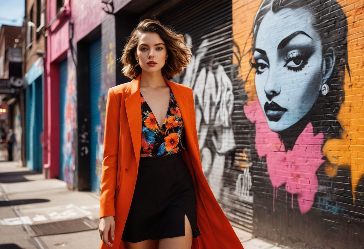 A confident woman dressed in chic, flowing attire, radiating allure and femininity. She stands on a vibrant city street adorned with bold graffiti, showcasing a mix of modern trends and vintage flair. Surround her with blooming flowers and playful shadows highlighting her elegance and charm. Infuse the scene with a touch of surrealism, depicting the ambiance of empowerment and self-expression. vivid colors. urban style. surrealistic.