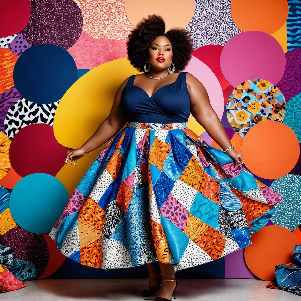 A confident plus-size woman striking a bold pose in a vibrant, flirty outfit surrounded by playful fashion elements like oversized accessories and colorful fabrics. She is adorned with sass, exuding positivity and energy, set against a backdrop of lively patterns and shapes that symbolize body positivity. The scene should reflect joy and empowerment in fashion. super-realistic. vibrant colors. dynamic background.